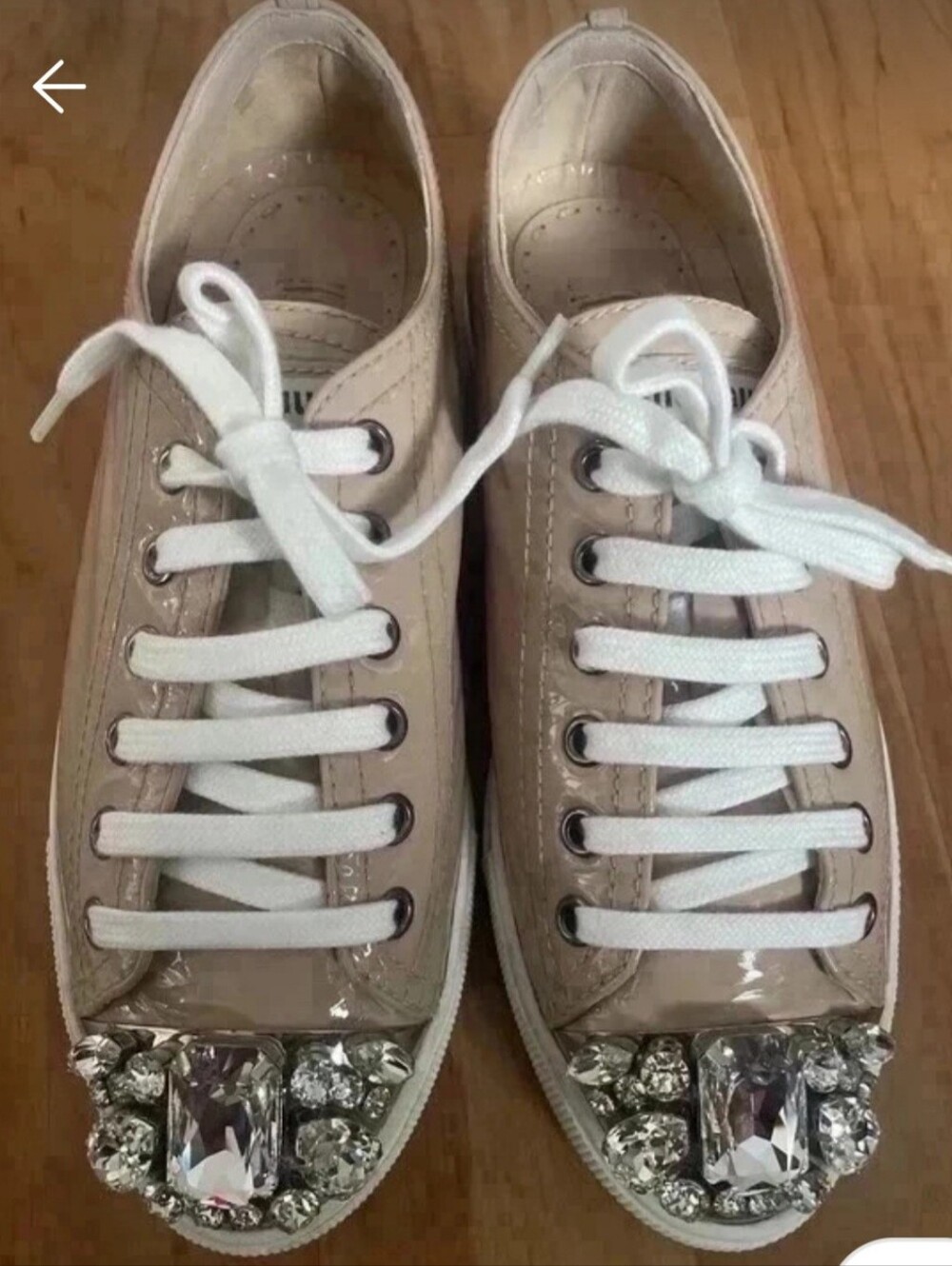 Miu Miu Beige Patent Lace-Up Sneakers with Crystal Toe